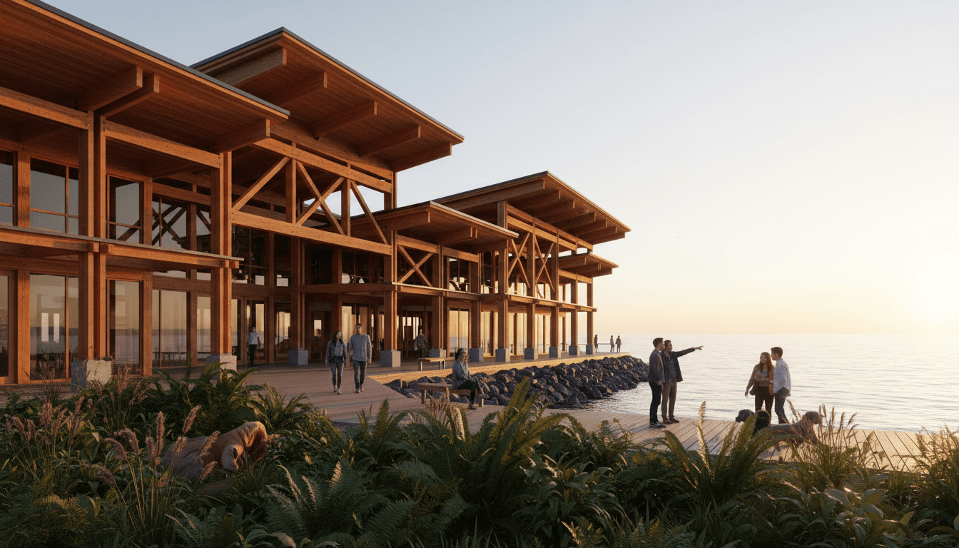 The Village at stlilnup waterfront entrance with timber framing and native landscaping in Nanaimo, British Columbia