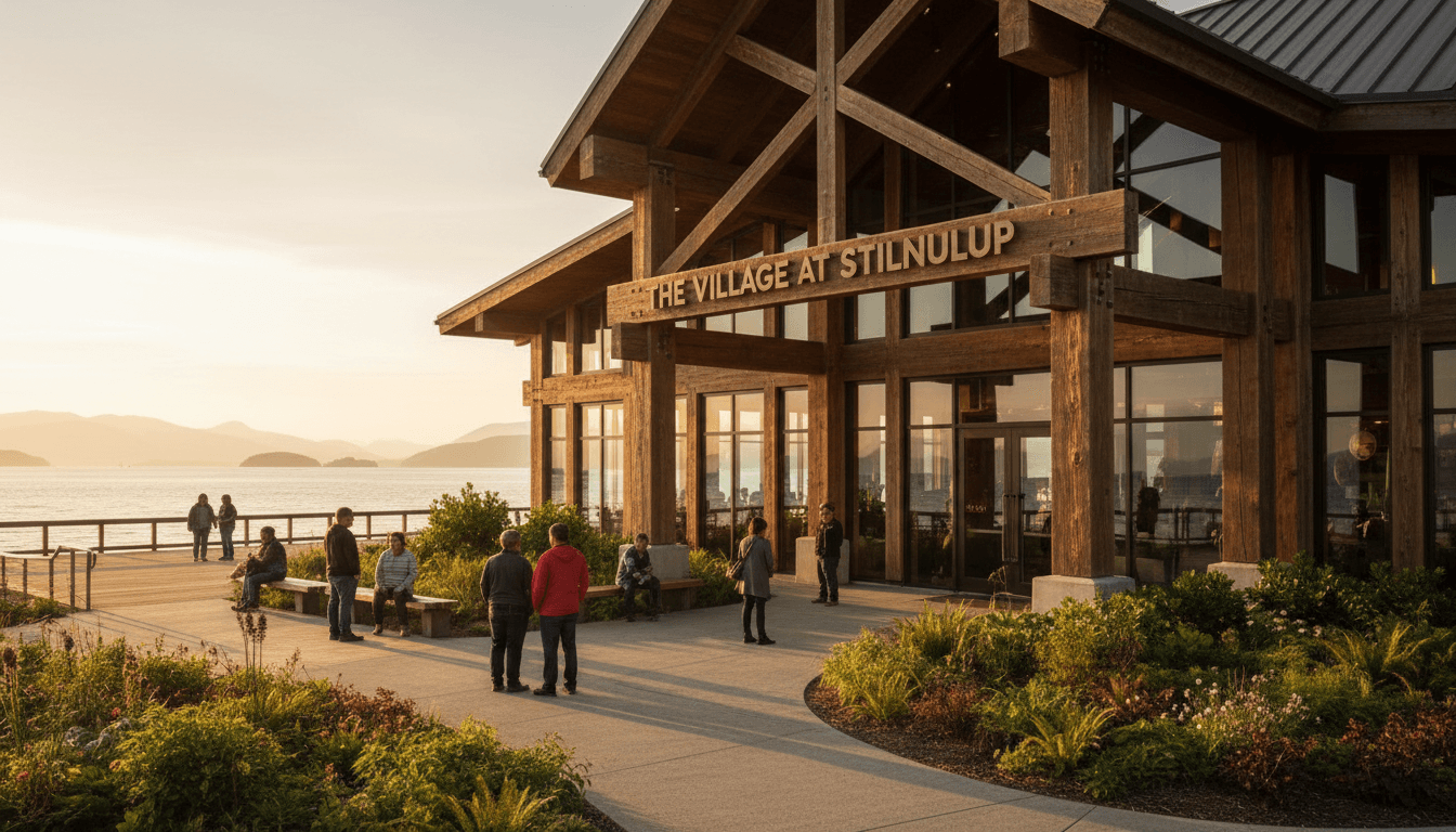 The Village at stlilnup waterfront entrance with boatyard-inspired timber framing and Snuneymuxw landscaping