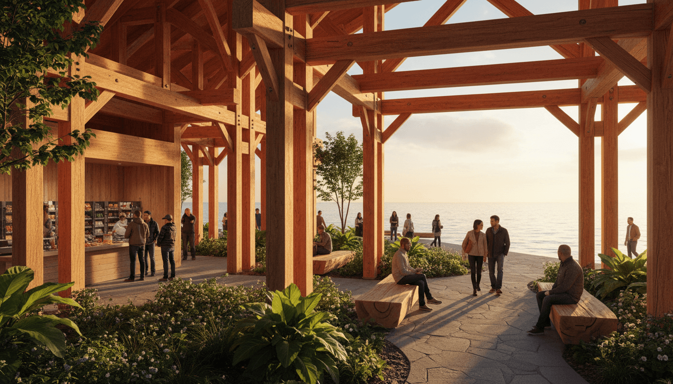 The Village at stlilnup waterfront market and community hub in Nanaimo with visitors enjoying the boatyard-inspired timber design and Snuneymuxw landscaping