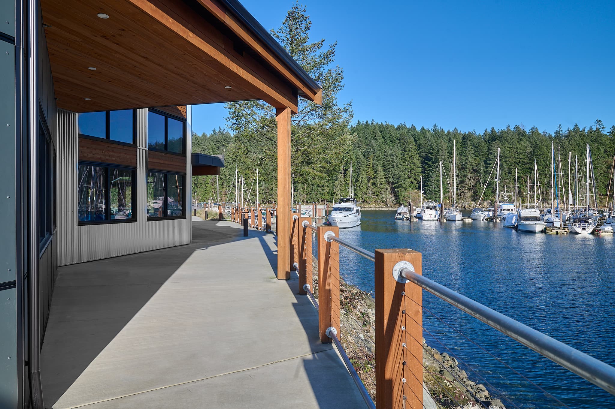 Modern building walkway overlooking a sunny marina with sailboats and a dense evergreen forest.