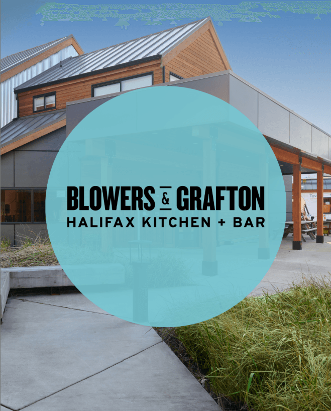Blowers & Grafton Halifax Kitchen + Bar logo on a modern wood and metal building.