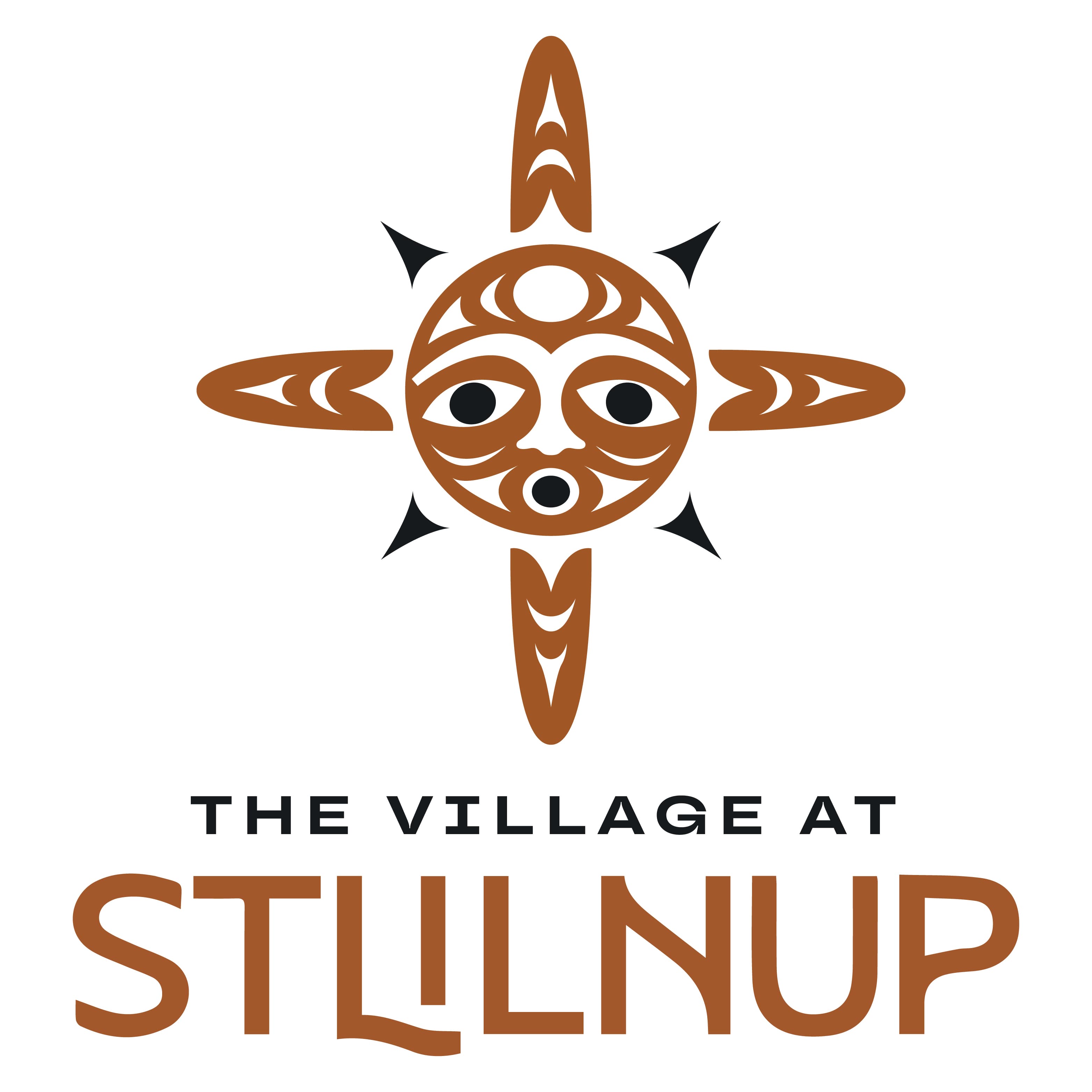 Indigenous sun symbol with a central face above the text THE VILLAGE AT STLLNUP.